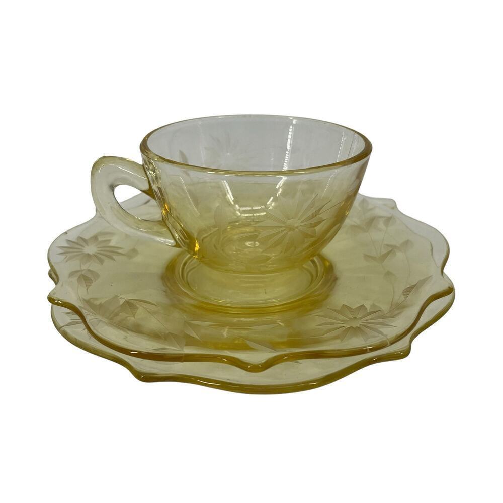 Vintage Lancaster Jubilee Depression‎ Glass Set Flower Plates & Teacup Yellow